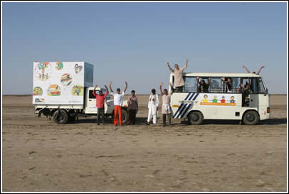 The Friends Without Borders team aboard our mini-bus. Two trucks and the bus were sponsored by Mahindra and Mahindra.
