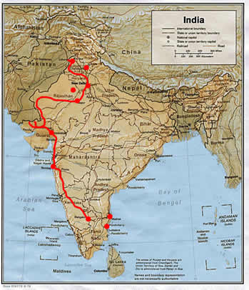 A map of India and Pakistan. The red line shows our journey from Bangalore to the Wagah Border in Punjab.